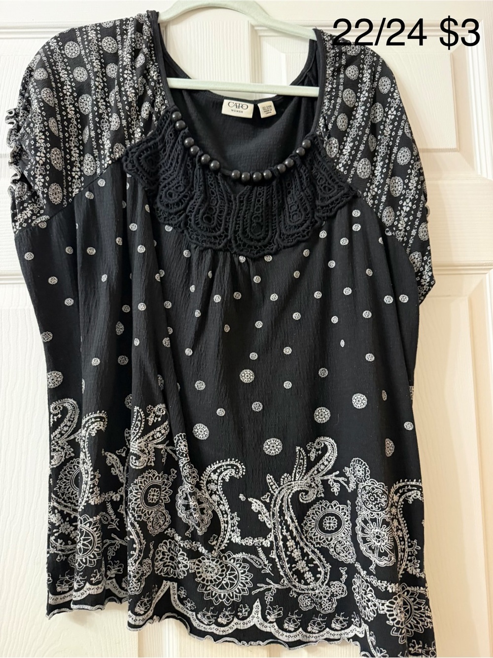 Cato Black and White Paisley Crochet Scoop Neck Tunic
